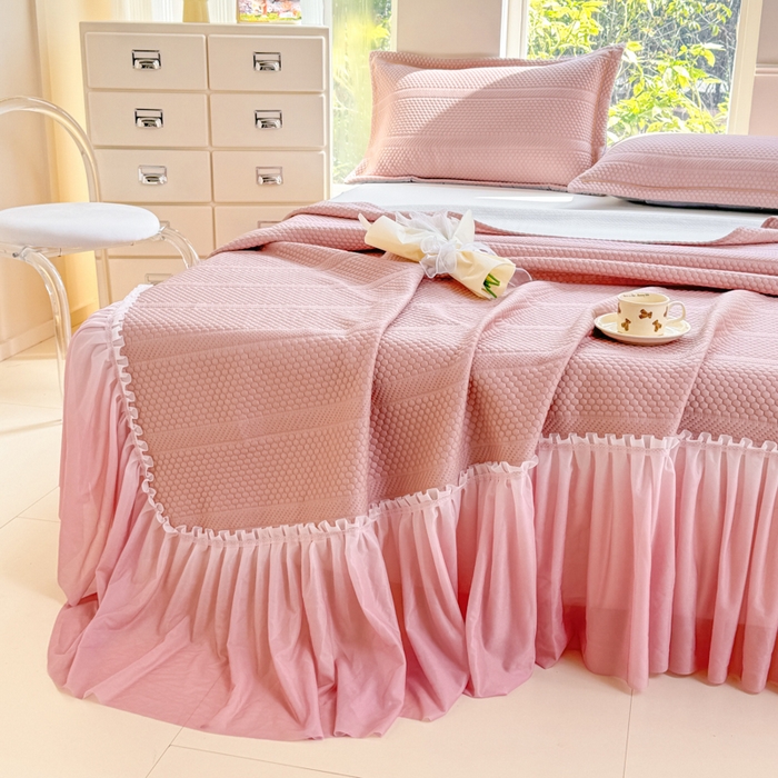 91家纺网 家纺一手货源 找家纺 慧菲 2025新款渐变床裙PE高分子凉感席床裙凉席三件套  少女粉