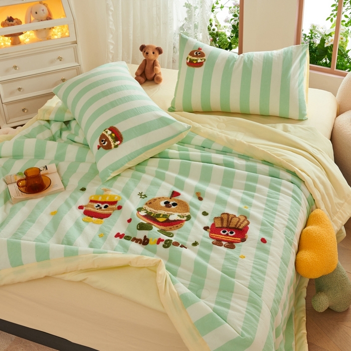 91家纺网 家纺一手货源 找家纺 2025新款色织全棉纯棉绣花单夏被夏凉被空调被 汉堡家族