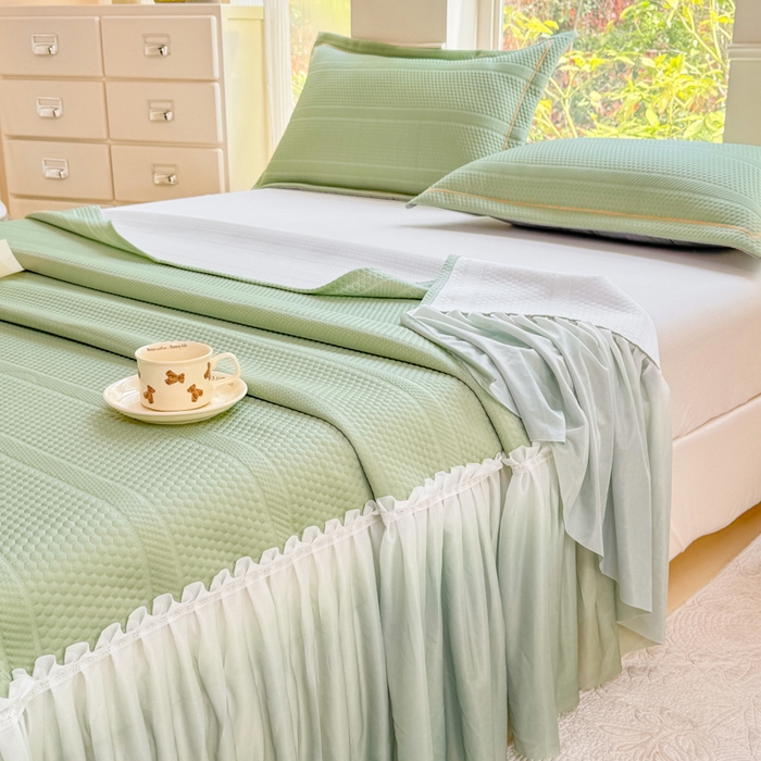 91家纺网 家纺一手货源 找家纺 慧菲 2025新款渐变床裙PE高分子凉感席床裙凉席三件套  水波绿