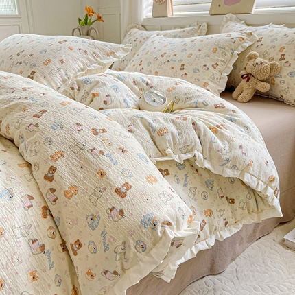 优选良品 2025新款直播热款赫本风皱皱双层纱花边款针织皱皱纱法式印花吊边床单三件套床笠四件套 开心乐园