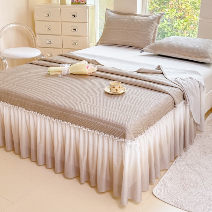 91家纺网 家纺一手货源 找家纺 慧菲 2025新款渐变床裙PE高分子凉感席床裙凉席三件套  香槟咖