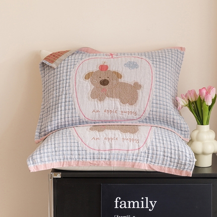 2025新款纯棉全棉纱布枕巾一对装全棉四层纱布 格子小狗