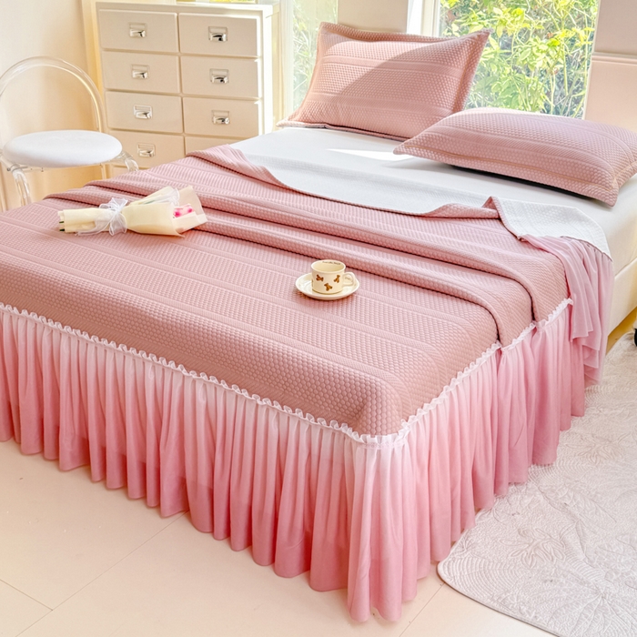 91家纺网 家纺一手货源 找家纺 慧菲 2025新款渐变床裙PE高分子凉感席床裙凉席三件套  少女粉