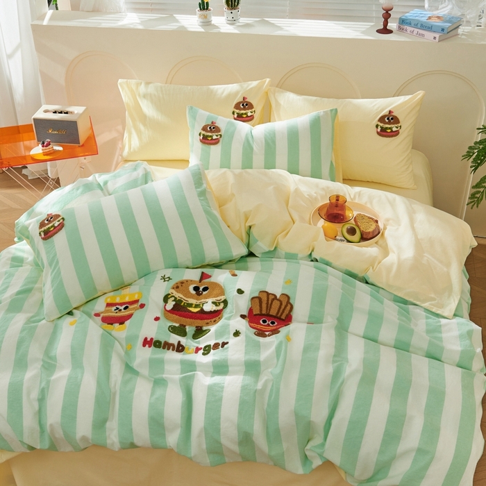 91家纺网 家纺一手货源 找家纺 徕米家居  2025新款色织全棉水洗棉毛巾绣四件套 汉堡家族