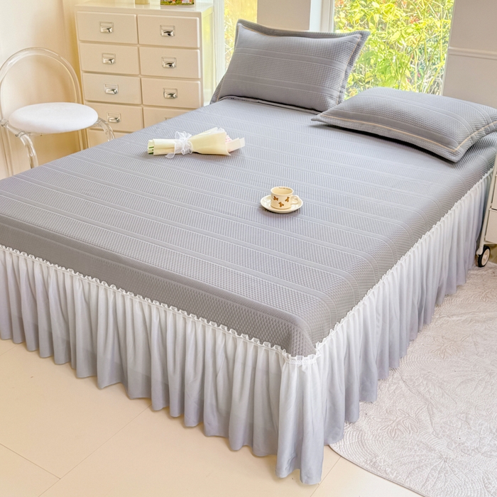 91家纺网 家纺一手货源 找家纺 慧菲 2025新款渐变床裙PE高分子凉感席床裙凉席三件套  高级灰