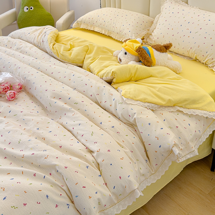 91家纺网 家纺一手货源 找家纺 竹合家纺 2025新款云感皱皱四件套-镂空花边款法式 花边款-芝士奶酪