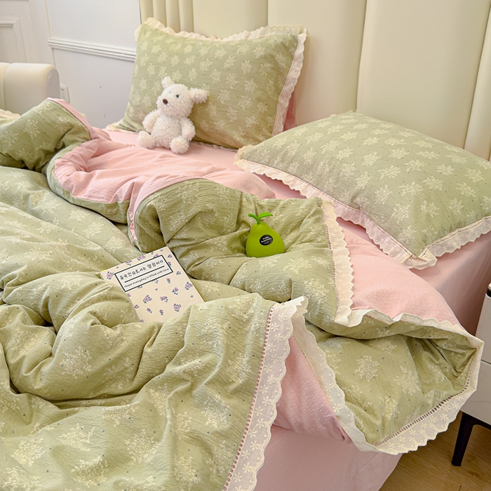 91家纺网 家纺一手货源 找家纺 竹合家纺 2025新款云感皱皱四件套-镂空花边款法式 花边款-陌上