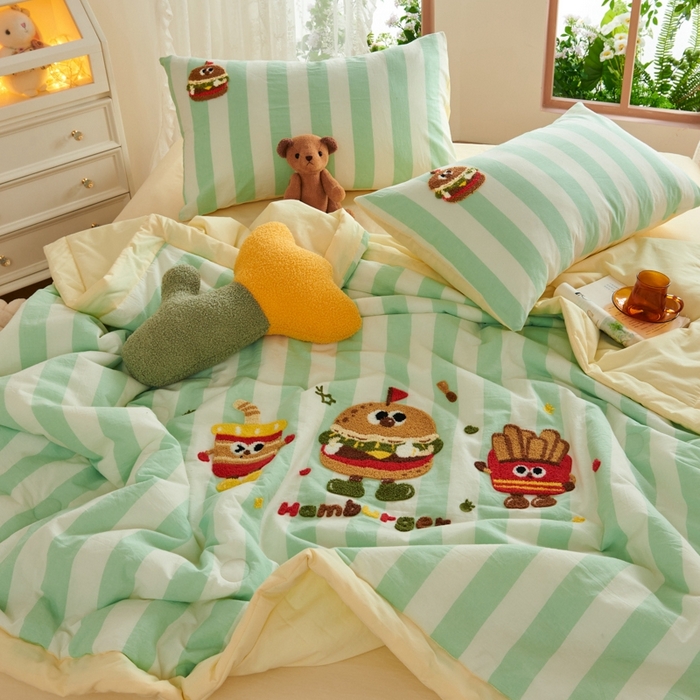 91家纺网 家纺一手货源 找家纺 2025新款色织全棉纯棉绣花单夏被夏凉被空调被 汉堡家族