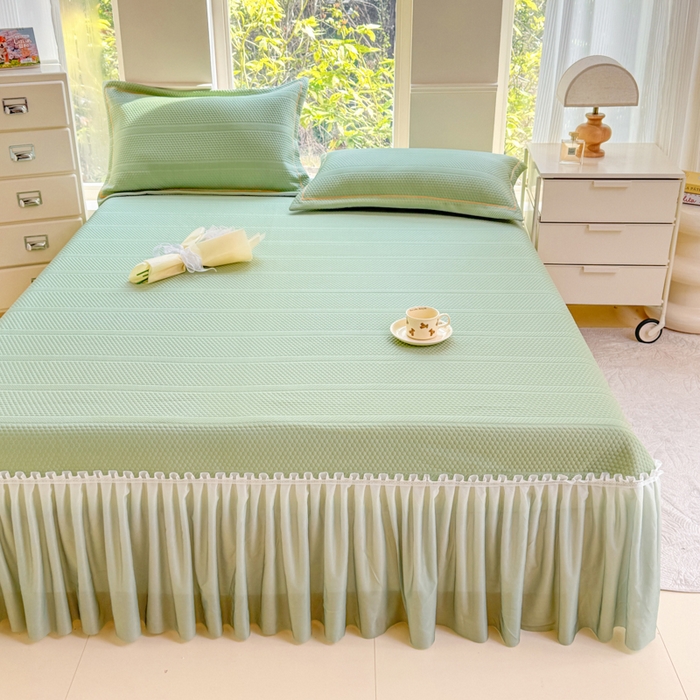 91家纺网 家纺一手货源 找家纺 慧菲 2025新款渐变床裙PE高分子凉感席床裙凉席三件套  水波绿