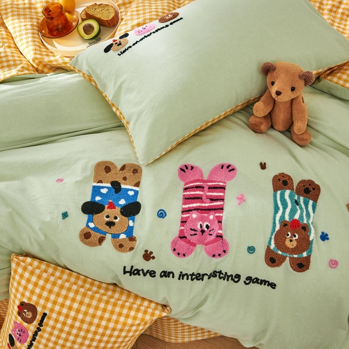 91家纺网 家纺一手货源 找家纺 徕米家居  2025新款色织全棉水洗棉毛巾绣四件套 顽皮狗