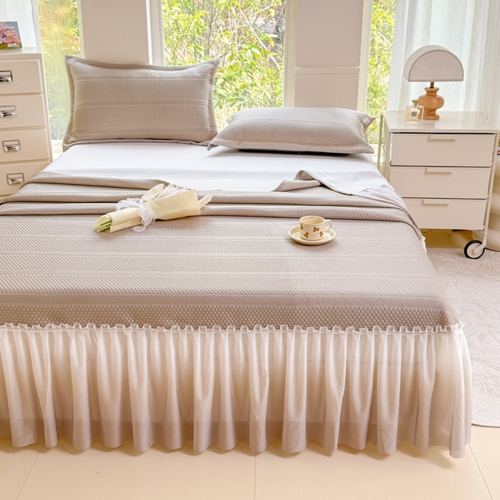 91家纺网 家纺一手货源 找家纺 慧菲 2025新款渐变床裙PE高分子凉感席床裙凉席三件套  香槟咖