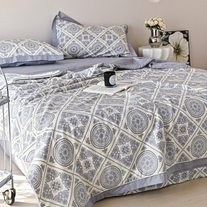 91家纺网 家纺一手货源 找家纺 金喜 2025新款天丝棉大豆印花夏凉被夏被四件套 莱雅