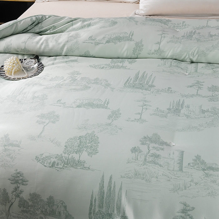 91家纺网 家纺一手货源 找家纺 鑫田家纺 2025新款天丝蚕丝被100%柞蚕丝夏被莱赛尔天丝数码印花 玛瑙绿