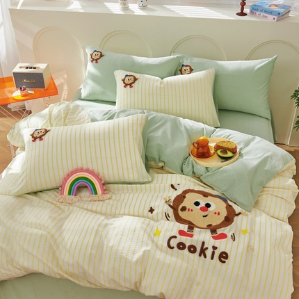 91家纺网 家纺一手货源 找家纺 徕米家居  2025新款色织全棉水洗棉毛巾绣四件套 条纹曲奇