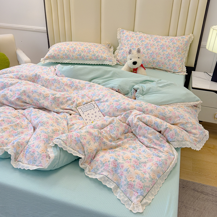 91家纺网 家纺一手货源 找家纺 竹合家纺 2025新款云感皱皱四件套-镂空花边款法式 花边款-薄荷初夏