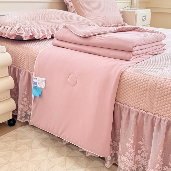 91家纺网 家纺一手货源 找家纺 慧菲  2025新款PE高分子凉感席床裙凉席三件套 【6-7斤】 粉豆沙