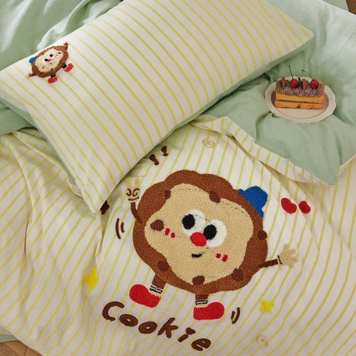 91家纺网 家纺一手货源 找家纺 徕米家居  2025新款色织全棉水洗棉毛巾绣四件套 条纹曲奇