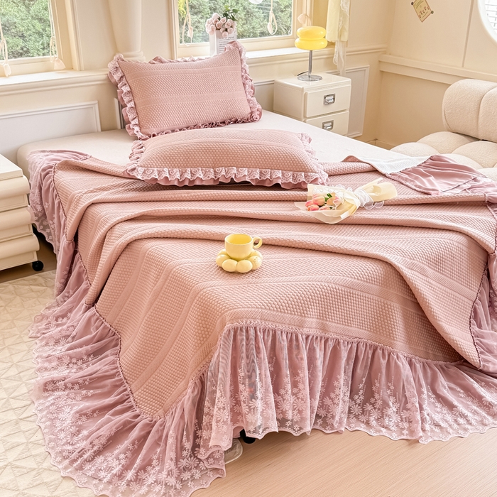 91家纺网 家纺一手货源 找家纺 慧菲  2025新款PE高分子凉感席床裙凉席三件套 【6-7斤】 粉豆沙