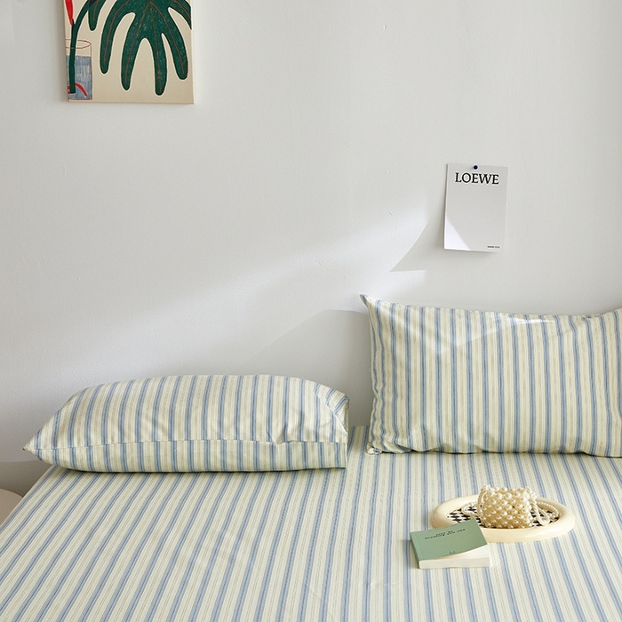 91家纺网 家纺一手货源 找家纺 怡家居 2025新款全棉老粗布床单床笠三件套 初夏-蓝