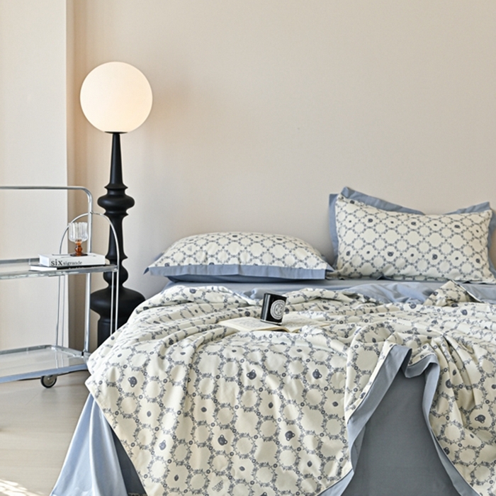 91家纺网 家纺一手货源 找家纺 金喜 2025新款天丝棉大豆印花夏凉被夏被四件套 蓝调