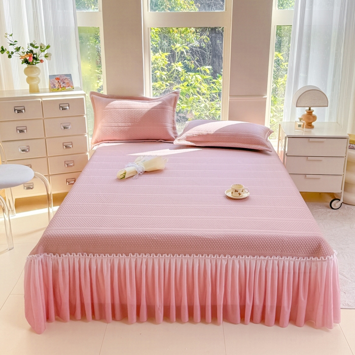 91家纺网 家纺一手货源 找家纺 慧菲 2025新款渐变床裙PE高分子凉感席床裙凉席三件套  少女粉