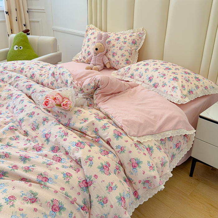 91家纺网 家纺一手货源 找家纺 竹合家纺 2025新款云感皱皱四件套-镂空花边款法式 花边款-美娜