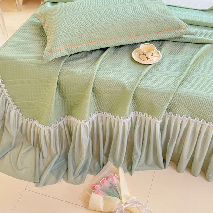 91家纺网 家纺一手货源 找家纺 慧菲 2025新款渐变床裙PE高分子凉感席床裙凉席三件套  水波绿