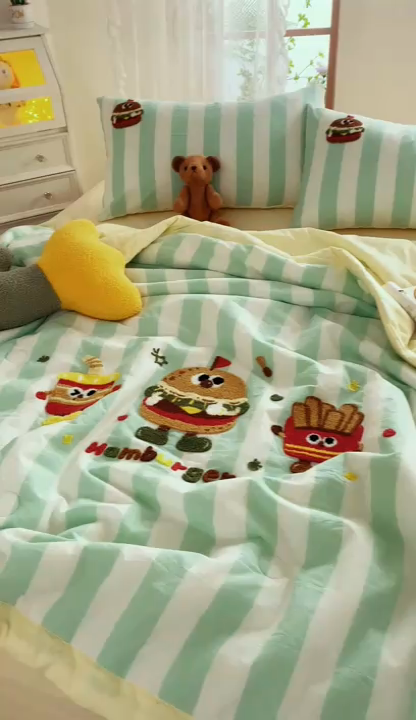 91家纺网 家纺一手货源 找家纺 2025新款色织全棉纯棉绣花单夏被夏凉被空调被 汉堡家族