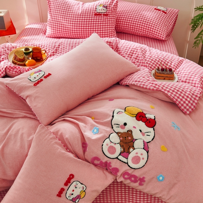 91家纺网 家纺一手货源 找家纺 徕米家居  2025新款色织全棉水洗棉毛巾绣四件套 开心KT