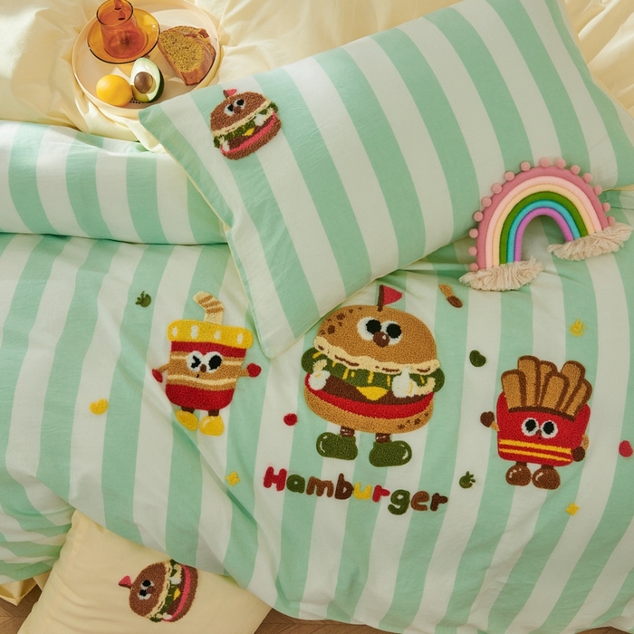 91家纺网 家纺一手货源 找家纺 徕米家居  2025新款色织全棉水洗棉毛巾绣四件套 汉堡家族