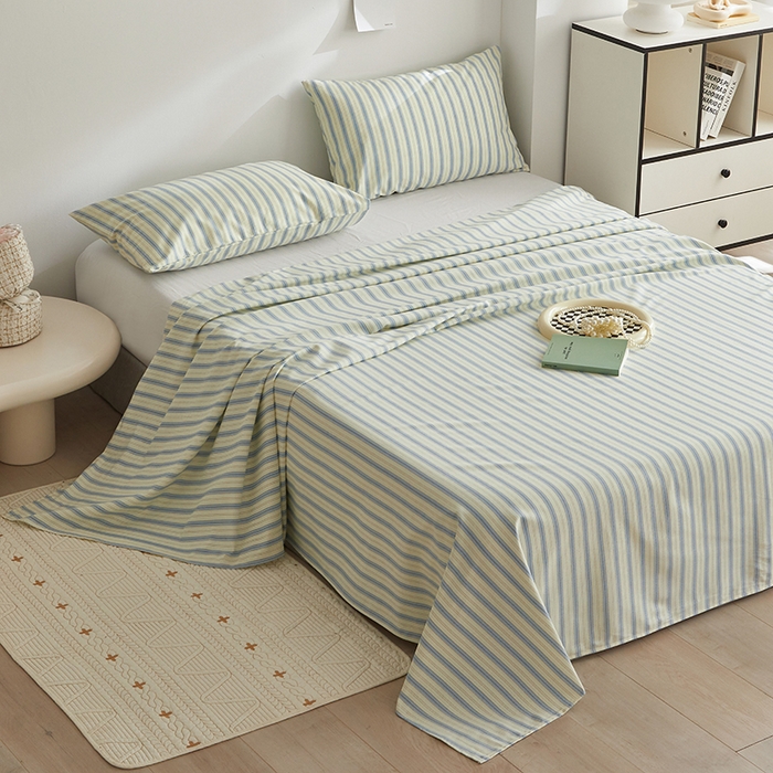 91家纺网 家纺一手货源 找家纺 怡家居 2025新款全棉老粗布床单床笠三件套 初夏-蓝