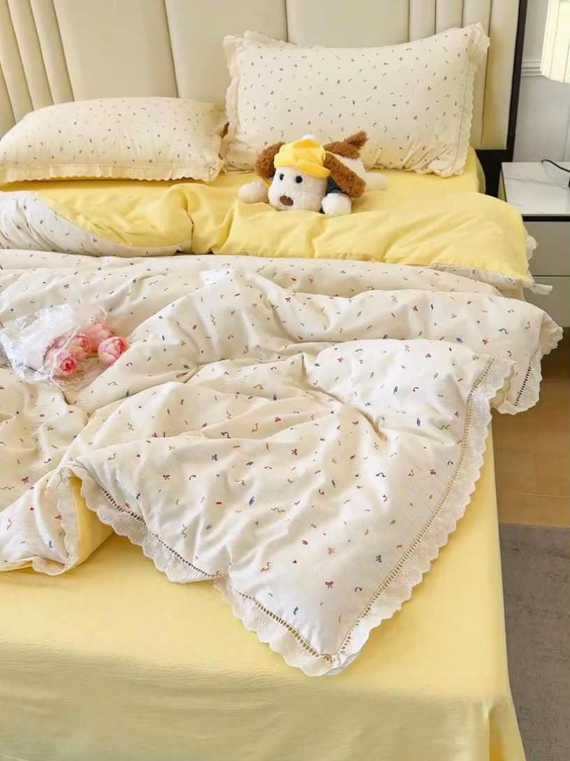 91家纺网 家纺一手货源 找家纺 竹合家纺 2025新款云感皱皱四件套-镂空花边款法式 花边款-芝士奶酪