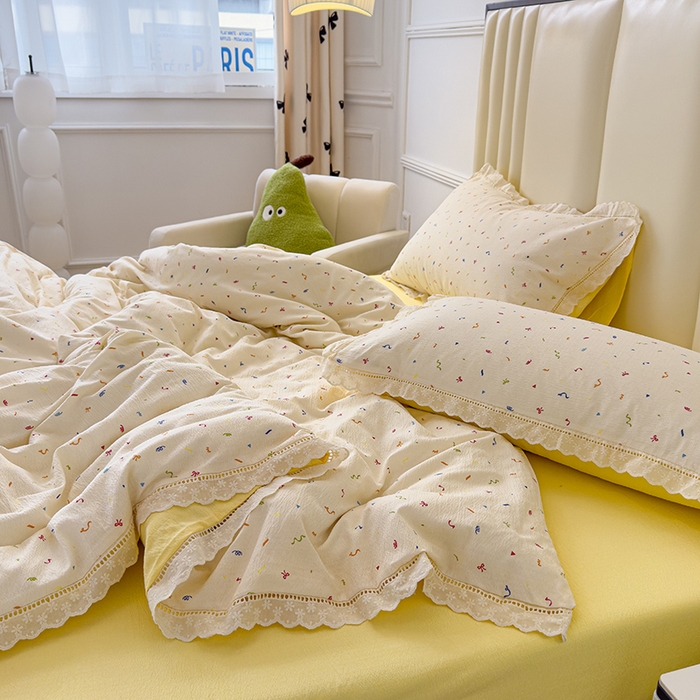 91家纺网 家纺一手货源 找家纺 竹合家纺 2025新款云感皱皱四件套-镂空花边款法式 花边款-芝士奶酪