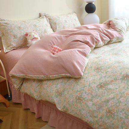 91家纺网 家纺一手货源 找家纺 人人爱家纺 2025新款皱皱纱床盖四件套 花束-绿