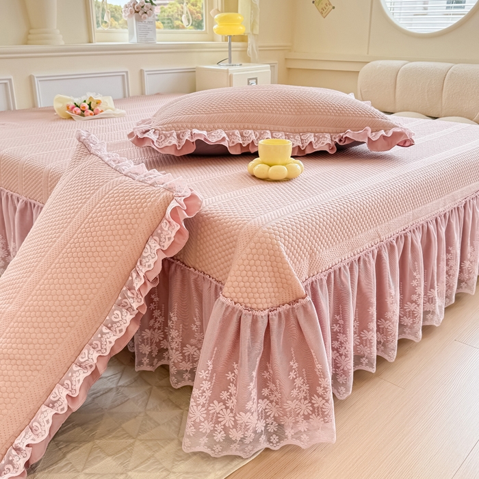 91家纺网 家纺一手货源 找家纺 慧菲  2025新款PE高分子凉感席床裙凉席三件套 【6-7斤】 粉豆沙