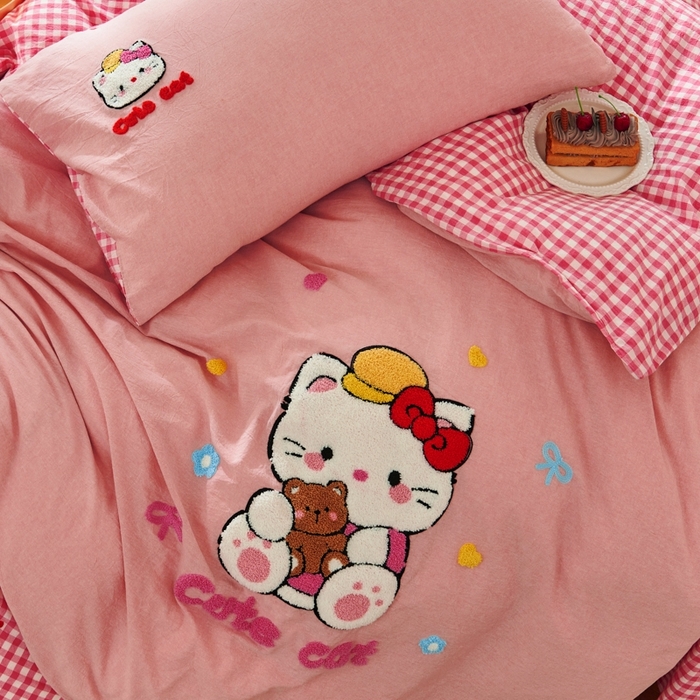 91家纺网 家纺一手货源 找家纺 徕米家居  2025新款色织全棉水洗棉毛巾绣四件套 开心KT