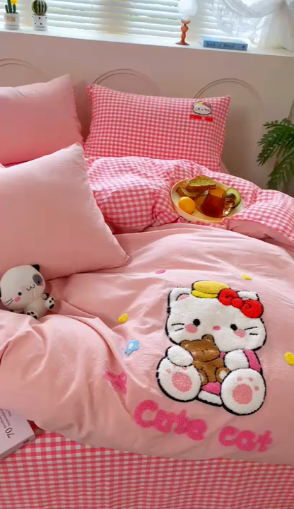 91家纺网 家纺一手货源 找家纺 徕米家居  2025新款色织全棉水洗棉毛巾绣四件套 开心KT