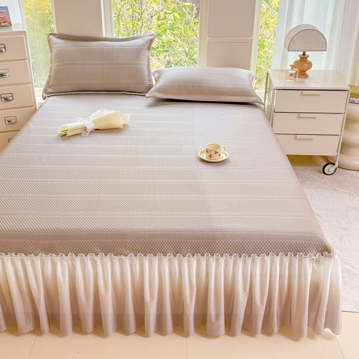 91家纺网 家纺一手货源 找家纺 慧菲 2025新款渐变床裙PE高分子凉感席床裙凉席三件套  香槟咖