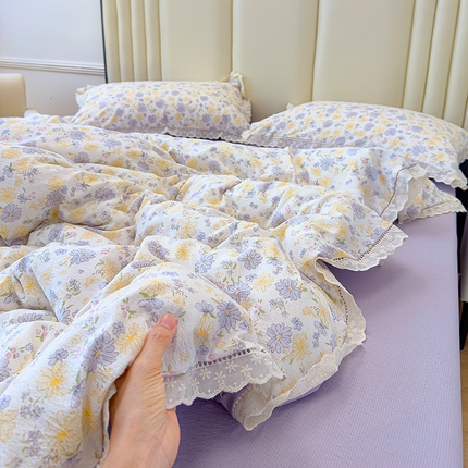 竹合家纺 2025新款云感皱皱四件套-镂空花边款法式 花边款-紫萱花