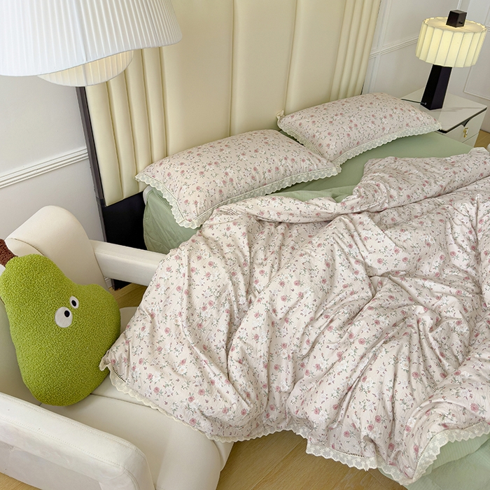 91家纺网 家纺一手货源 找家纺 竹合家纺 2025新款云感皱皱四件套-镂空花边款法式 花边款-玫瑰