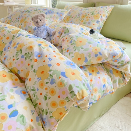 黑马家居 2025新款全棉喷气13070印花四件套 田苑小风 黄