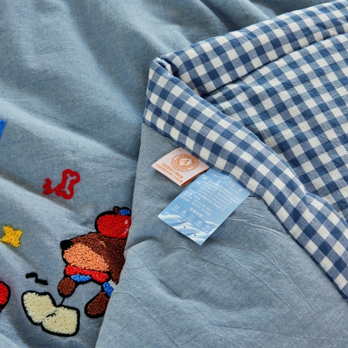 91家纺网 家纺一手货源 找家纺 2025新款色织全棉纯棉绣花单夏被夏凉被空调被 奔跑小狗-蓝