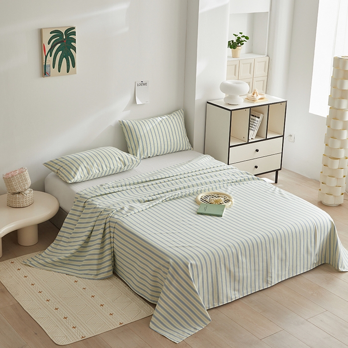 91家纺网 家纺一手货源 找家纺 怡家居 2025新款全棉老粗布床单床笠三件套 初夏-蓝