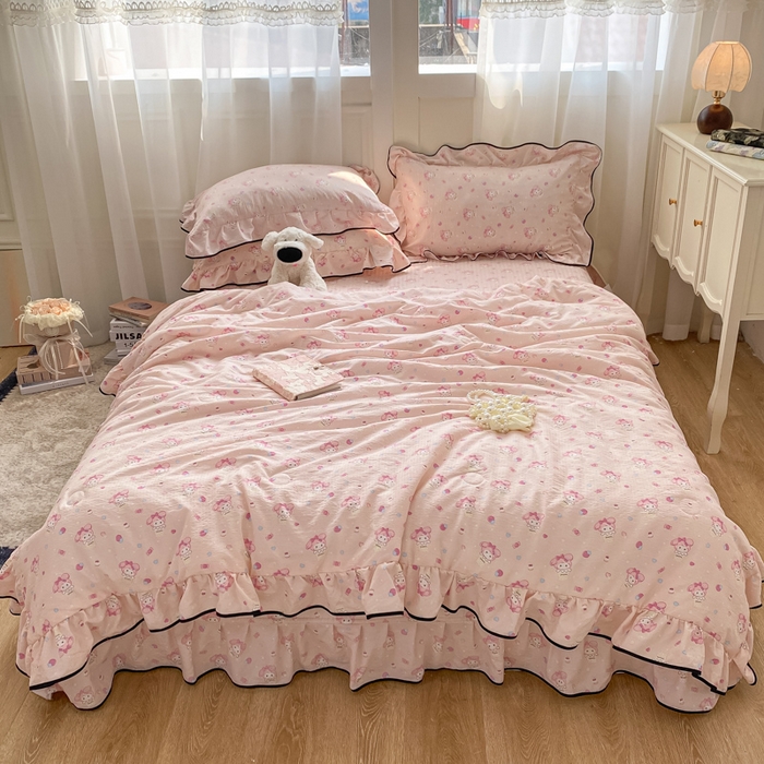 91家纺网 家纺一手货源 找家纺 2025新款云感双层纱夏被四件套-床盖款 小美冰激凌