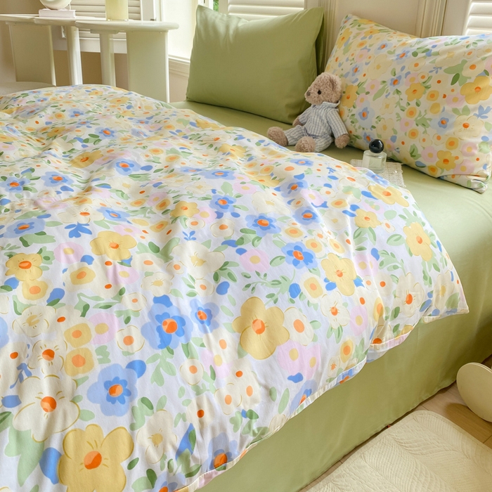 91家纺网 家纺一手货源 找家纺 黑马家居 2025新款全棉喷气13070印花四件套 田苑小风 黄