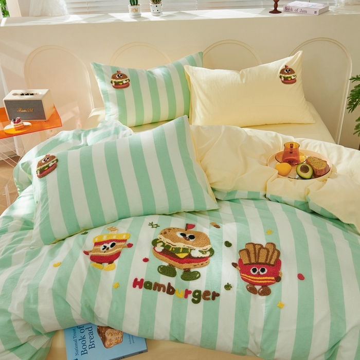 91家纺网 家纺一手货源 找家纺 徕米家居  2025新款色织全棉水洗棉毛巾绣四件套 汉堡家族