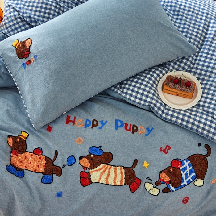 91家纺网 家纺一手货源 找家纺 徕米家居  2025新款色织全棉水洗棉毛巾绣四件套 奔跑小狗-蓝