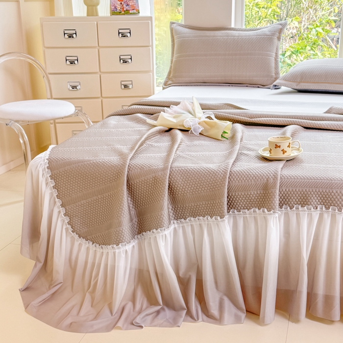 91家纺网 家纺一手货源 找家纺 慧菲 2025新款渐变床裙PE高分子凉感席床裙凉席三件套  香槟咖