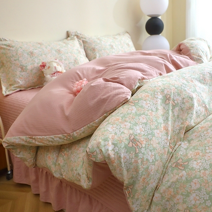 人人爱家纺 2025新款皱皱纱床盖四件套 花束-绿