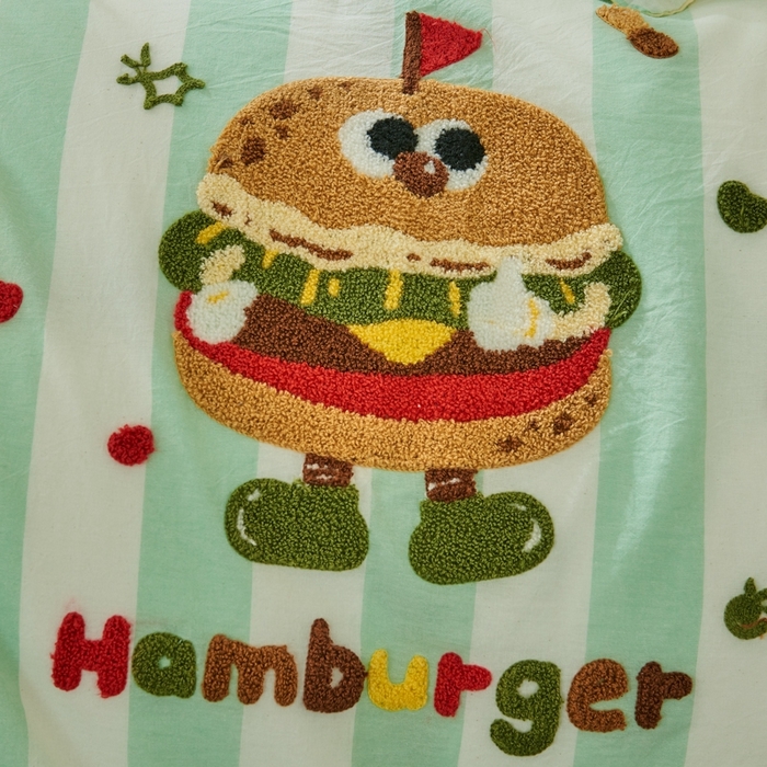 91家纺网 家纺一手货源 找家纺 徕米家居  2025新款色织全棉水洗棉毛巾绣四件套 汉堡家族